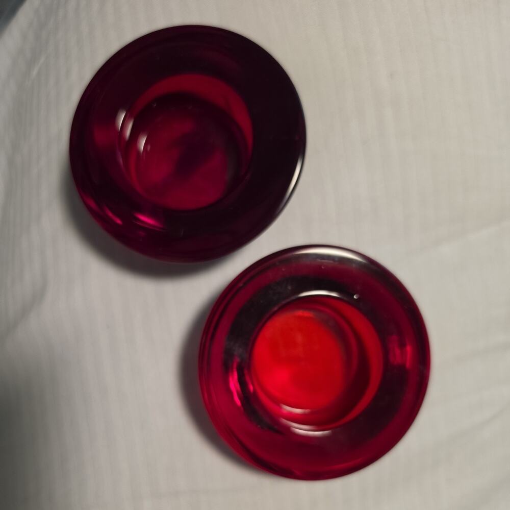 Discontinued Crate & Barrel Chartreuse Red Glass Tealight Candle Holders Set/2